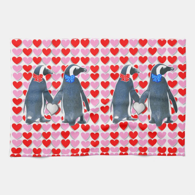 Valentine's Day Kitchen hand towel, Penguin Kitchen Towel (Horizontal)