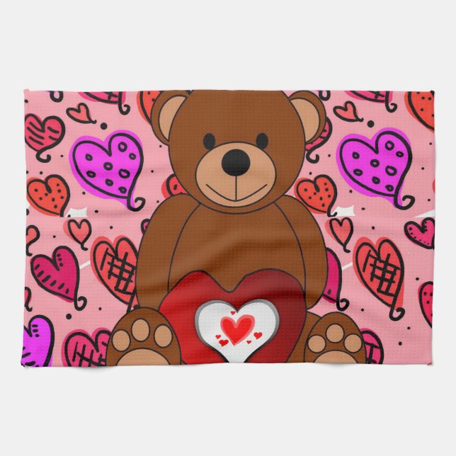 Valentine's Day Kitchen hand towel, Teddy Bear Kitchen Towel (Horizontal)