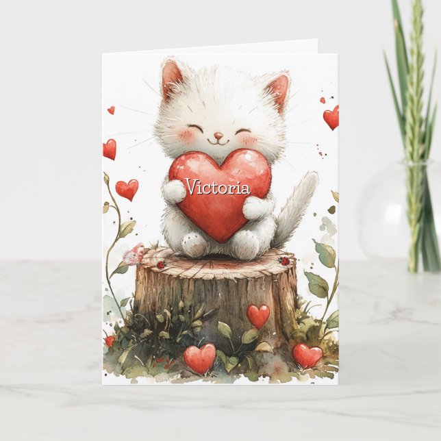 Valentines Day Kitten Red Hearts Card (Front)