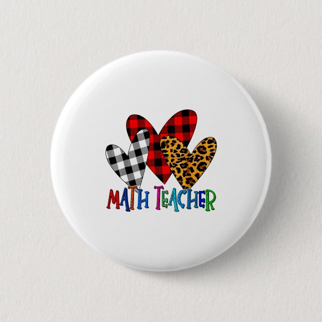 Valentines Day Leopard Math Teacher Buffalo Plaid  2 Inch Round Button (Front)