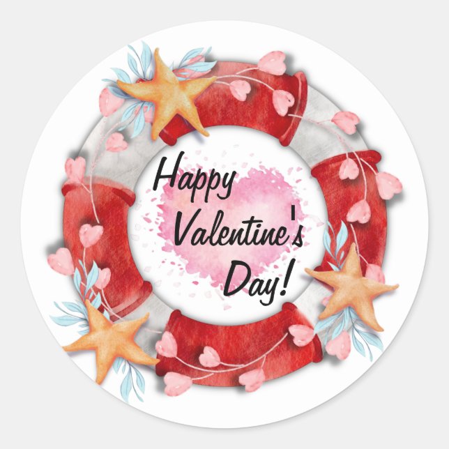 Valentine's Day Life Preserver & Hearts Classic Round Sticker (Front)