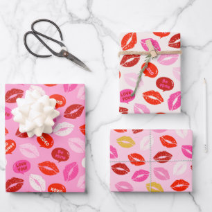 Valentine's Day Lips with text pink red white Wrapping Paper Sheet