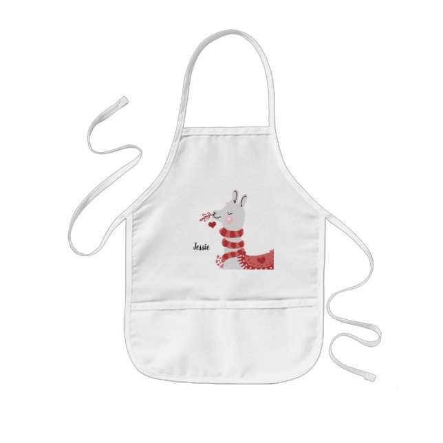 Valentines Day Llama and Heart Childrens Name Kids Apron (Front)