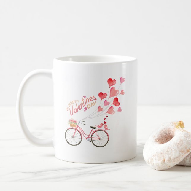 Valentine's Day Love Birds on Bicycle Hearts Coffee Mug (With Donut)