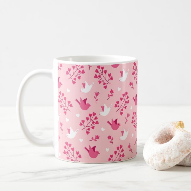 Valentine's Day Love Birds Pink Floral Pattern Coffee Mug (With Donut)