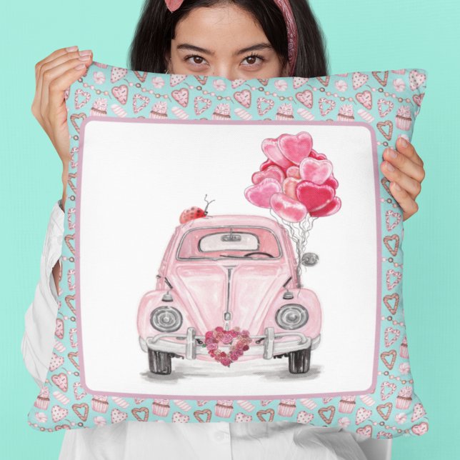Valentine's Day Love Bug Cute Car Throw Pillow (Creator Uploaded)