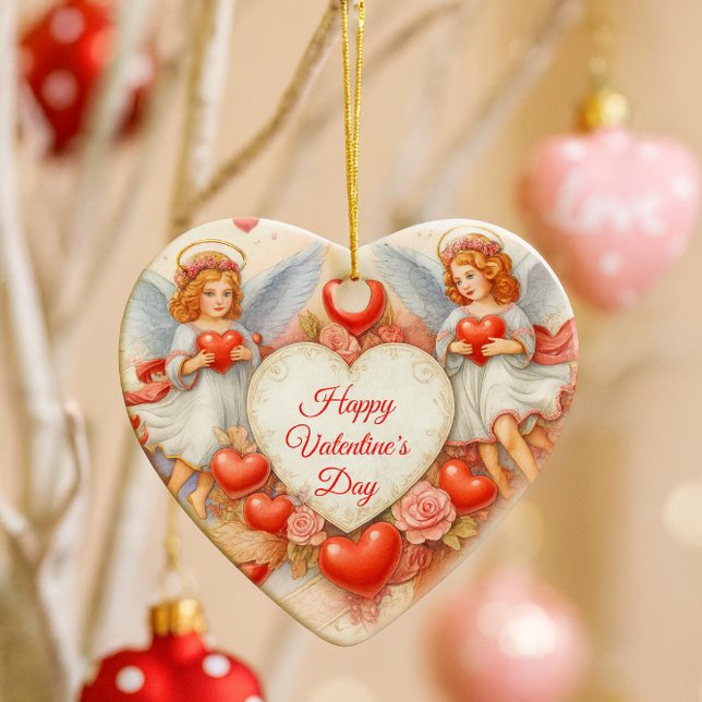 Valentine's Day Love Cherub Angels  Ceramic Ornament (Vintage cherubs and roses adorn this heart ornament, glowing on a dreamy Valentine's Day tree.)