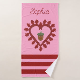 Valentines Day Love Heart Acorn Custom Name Bath Towel