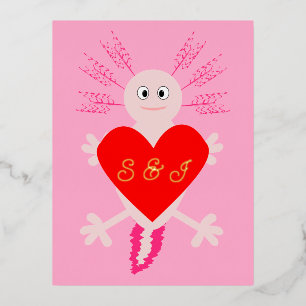 Valentines Day Love Heart Axolotl Custom Initials Foil Holiday Postcard