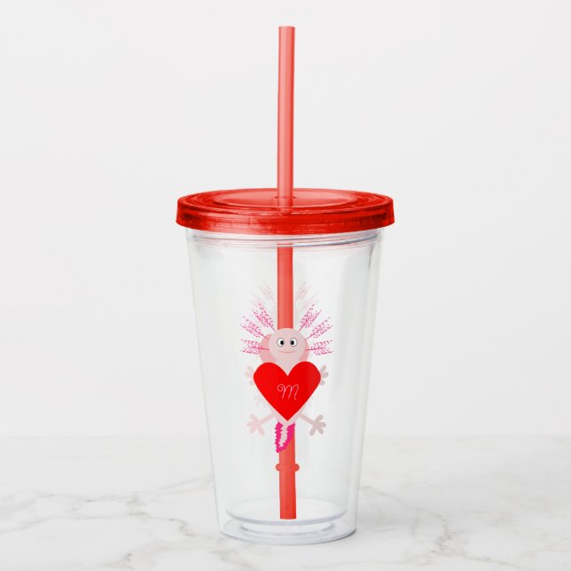 Valentines Day Love Heart Axolotl Custom Monogram Acrylic Tumbler (Front)