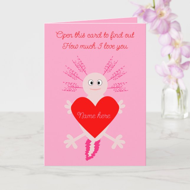 Valentines Day Love Heart Axolotl Custom Name Card (Orchid)