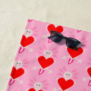 Valentines Day Love Heart Axolotl Patterned Beach Towel