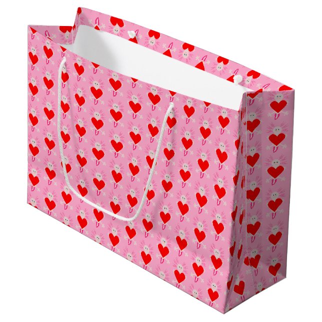 Valentines Day Love Heart Axolotl Patterned Large Gift Bag (Front Angled)
