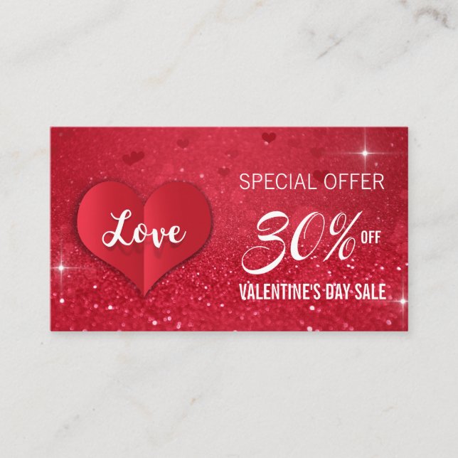 Valentine's Day Love Heart Red Glitter Discount Card (Front)