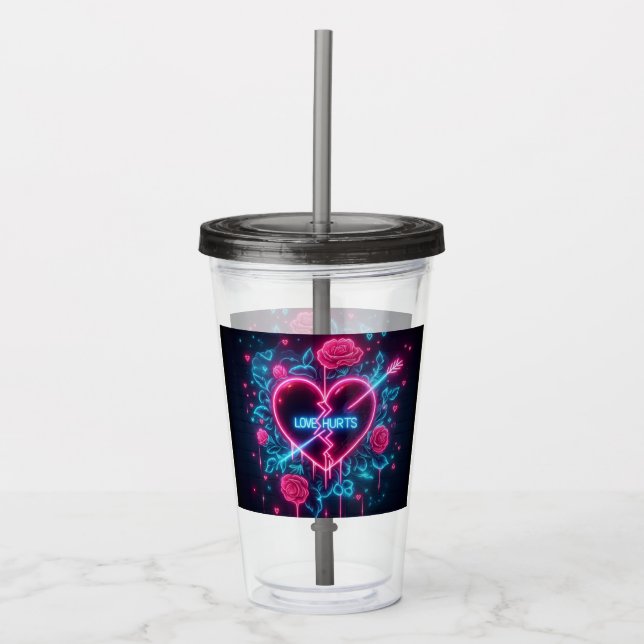 Valentine's Day Love Hurts Neon Heart Acrylic Tumbler (Front)