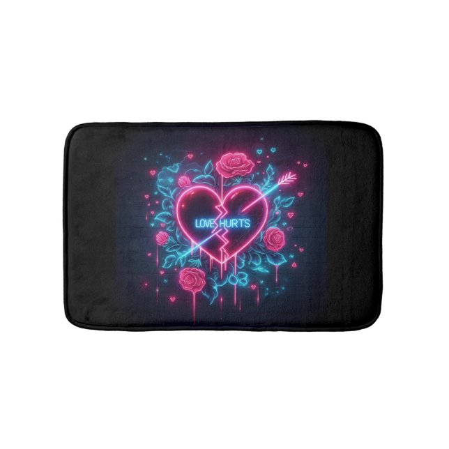 Valentine's Day Love Hurts Neon Heart Bath Mat (Front)