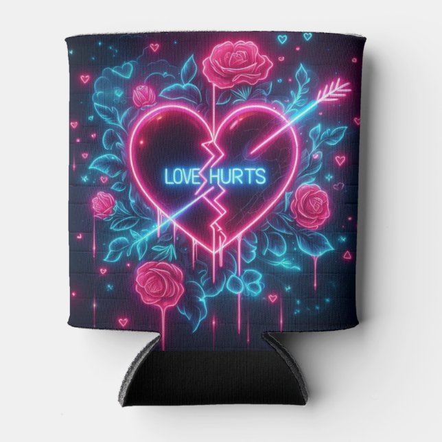 Valentine's Day Love Hurts Neon Heart Can Cooler (Front)
