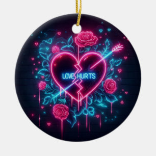 Valentine's Day Love Hurts Neon Heart Ceramic Ornament