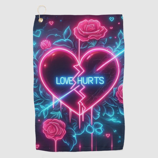 Valentine's Day Love Hurts Neon Heart Golf Towel (Front)