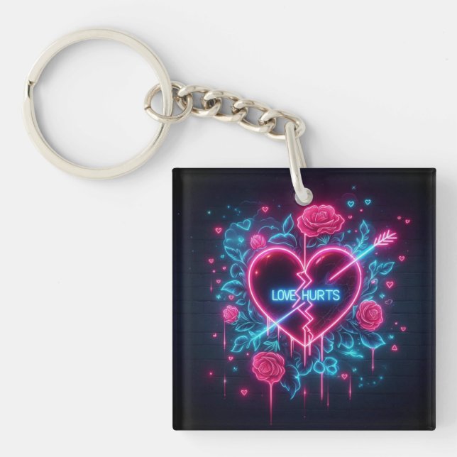 Valentine's Day Love Hurts Neon Heart Keychain (Front)