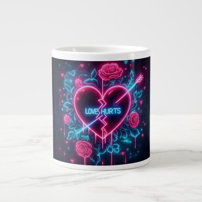 Valentine's Day Love Hurts Neon Heart Large Coffee Mug (Front)