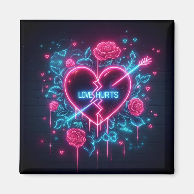 Valentine's Day Love Hurts Neon Heart Magnet (Front)