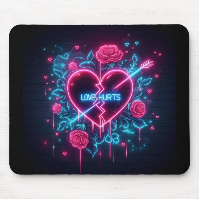 Valentine's Day Love Hurts Neon Heart Mouse Pad (Front)