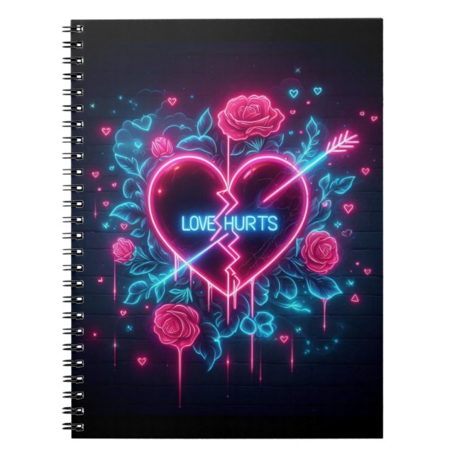 Valentine's Day Love Hurts Neon Heart Notebook (Front)