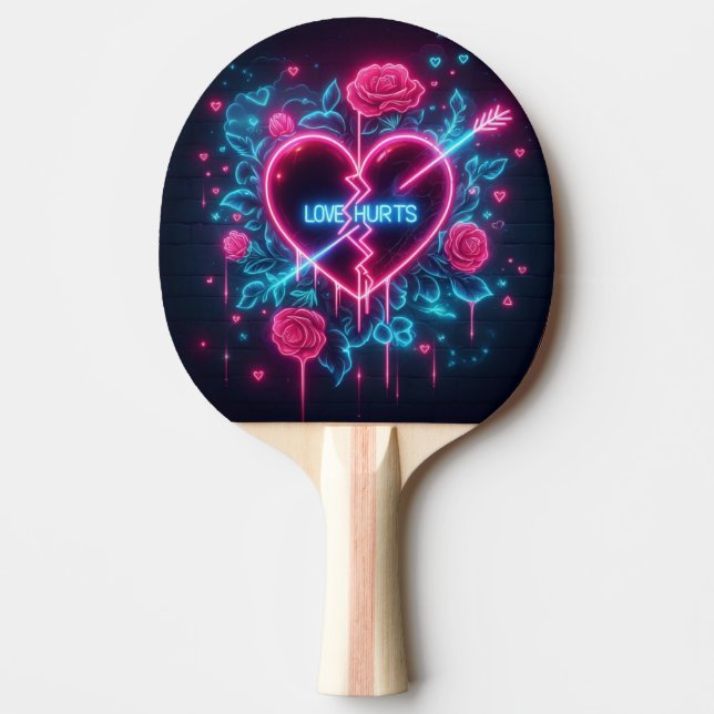 Valentine's Day Love Hurts Neon Heart Ping Pong Paddle (Front)