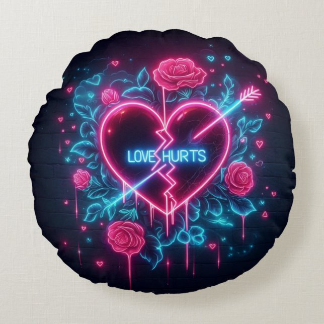 Valentine's Day Love Hurts Neon Heart Round Pillow (Front)