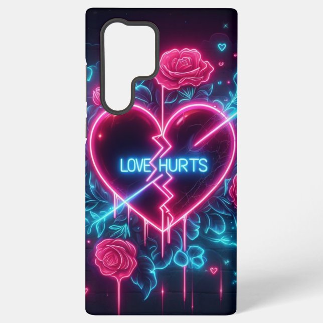 Valentine's Day Love Hurts Neon Heart Samsung Galaxy S22 Ultra Case (Back)