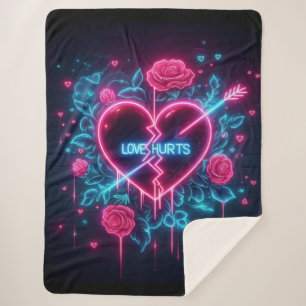 Valentine's Day Love Hurts Neon Heart Sherpa Blanket