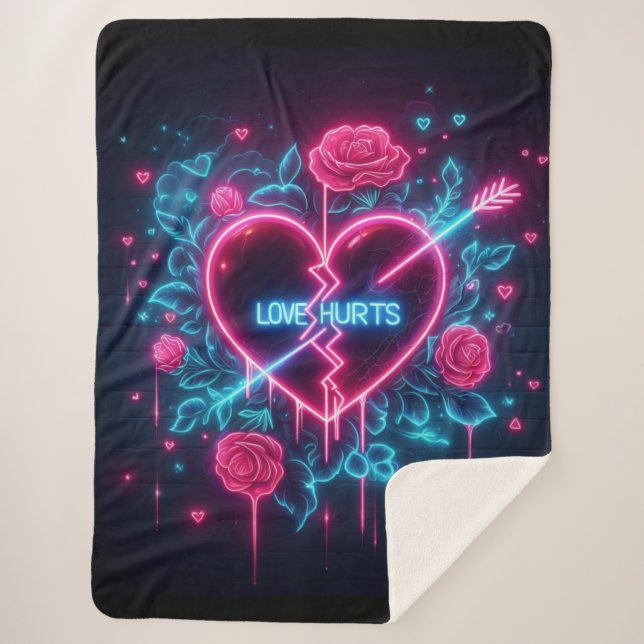 Valentine's Day Love Hurts Neon Heart Sherpa Blanket (Front)