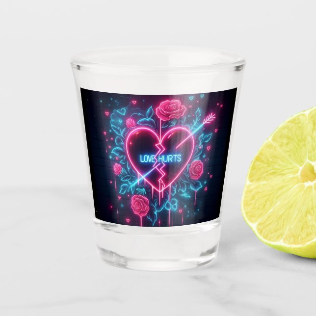 Valentine's Day Love Hurts Neon Heart Shot Glass (Front)