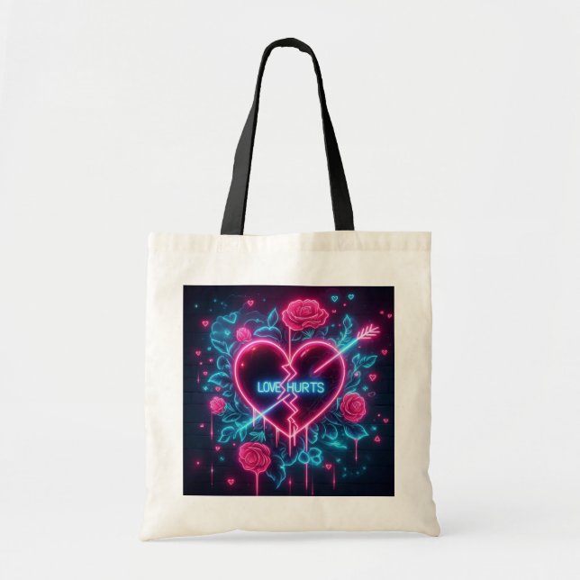 Valentine's Day Love Hurts Neon Heart Tote Bag (Front)