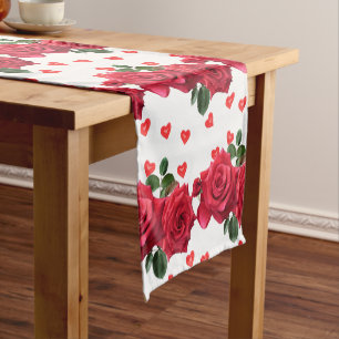 Valentine's Day Love Red Hearts and Roses  Short Table Runner