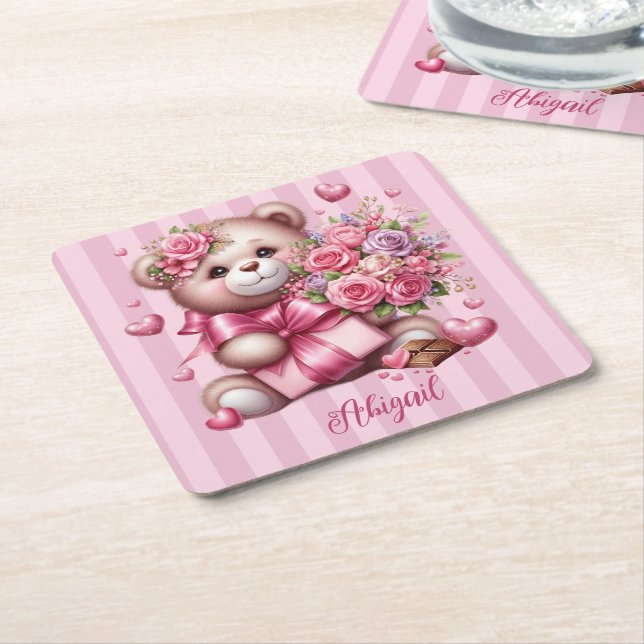 Valentines Day Love Rose Bear Square Paper Coaster (Angled)