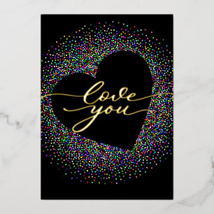 VALENTINE'S DAY Love You on Black, Colourful Dots Foil Holiday Card