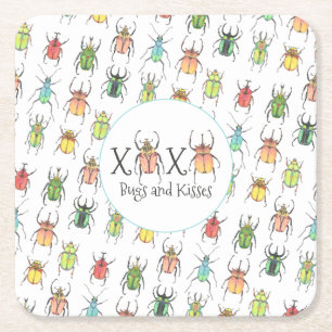 Valentine's Day Lovebugs Square Paper Coaster