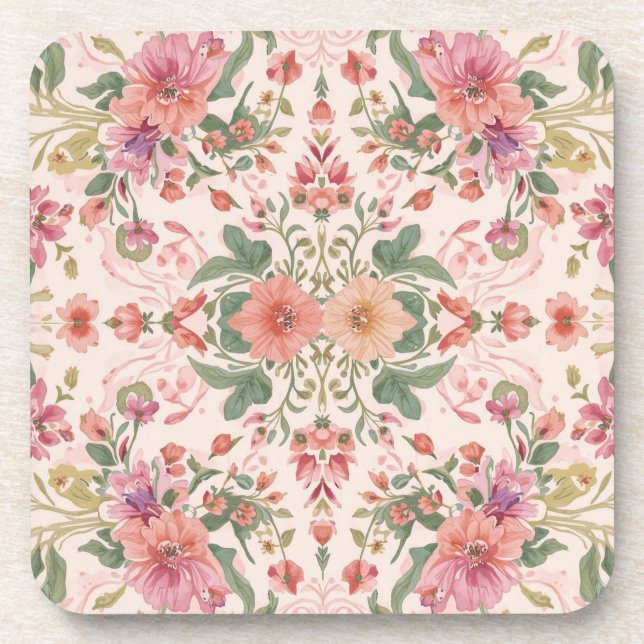 Valentine's Day, Lovely Pink Flowers Pattern Coaster (Front)