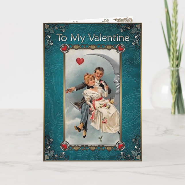 Valentine's Day. Man and woman sitting on the moon Holiday Card (Front)