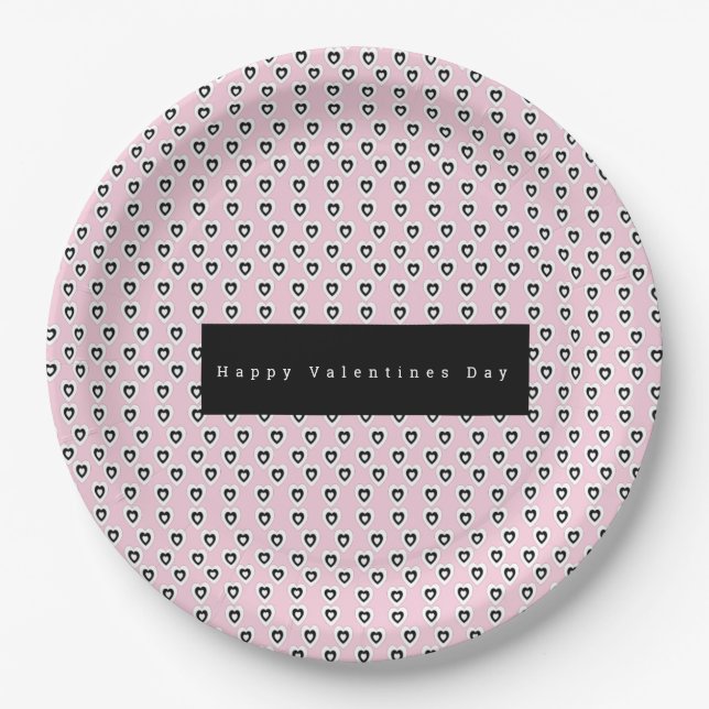 Valentines Day Mini Hearts Pattern Pink Black Paper Plate (Front)