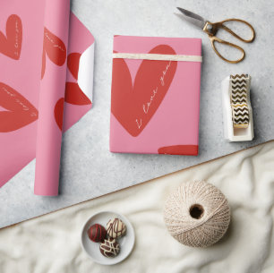 Valentine's Day Modern Red & Pink Hearts Script Wrapping Paper