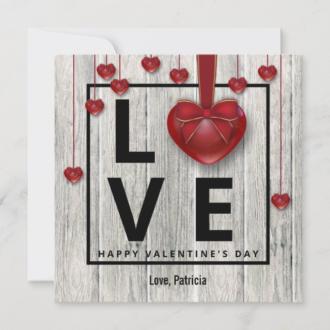 Valentine's Day Modern Rustic Wood LOVE Red Hearts Holiday Card (Front)