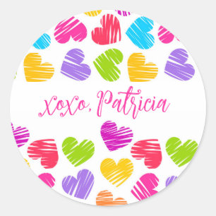 Valentines Day Modern Vibrant Hearts XOXO Name  Classic Round Sticker