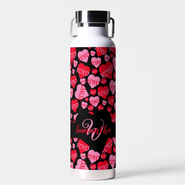 Valentine's Day Monogram Pink Heart  XOXO Black Water Bottle (Front)