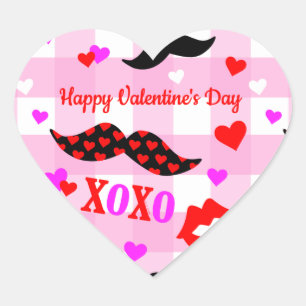 Valentine's Day Moustaches Love and Kisses  Heart Sticker