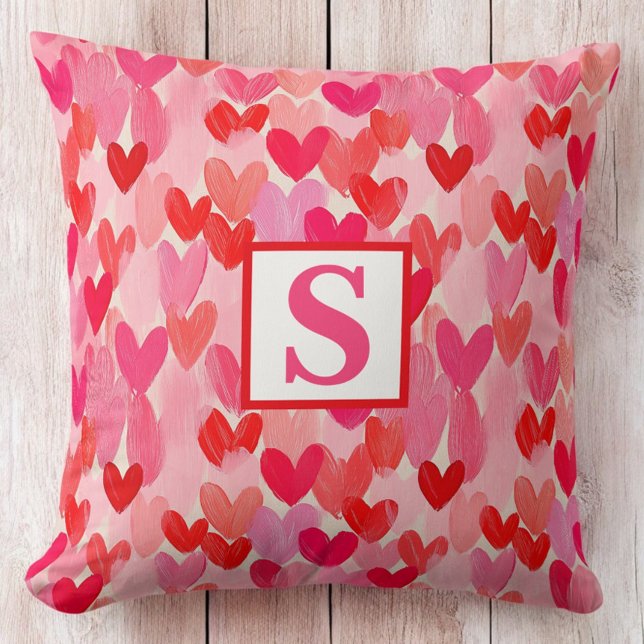 Valentines Day Multi Hearts Pattern Love Monogram Throw Pillow (Creator Uploaded)
