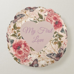 Valentine's Day, My First Love,Blooming Flowers Round Pillow