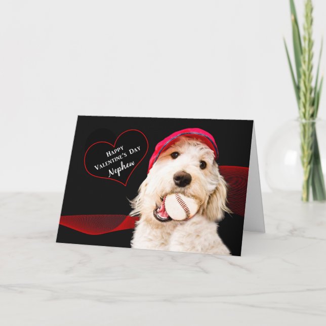 VALENTINE'S DAY - NEPHEW - DOG WITH BASEBALL HOLIDAY CARD (Front)